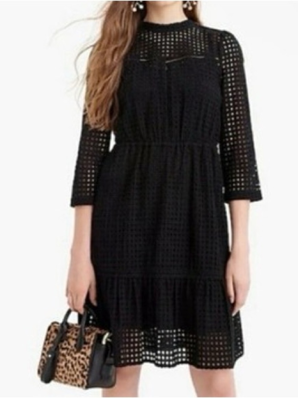 Point Sur Jcrew Tiny Mock Neck Black Eyelet Dress 3/4 Sleeves